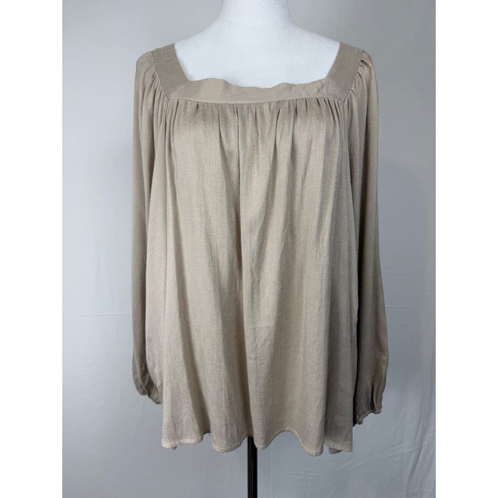 Perfectly Priscilla Square Neck Blouse Women's 2X Tan Tie Back Peasant Babydoll
